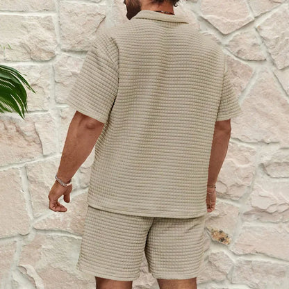 2024European and American Men's Spring and Summer Trends Youth Outdoor Lapel Small Plaid Short Sleeve Shorts Sports Suit.