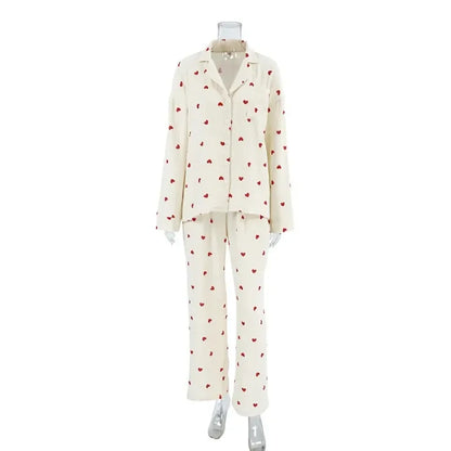 2-Piece Muslin Pajamas Set for Women 100% Cotton Love Printed Comfortable Long-Sleeved Tops Pajamas Home Wear Sleep Autumn Cloth.