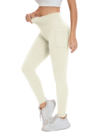 Women's solid color threaded sports leggings seamless cross-border yoga pants high-waisted fitness pants Yoga wear with pocket.