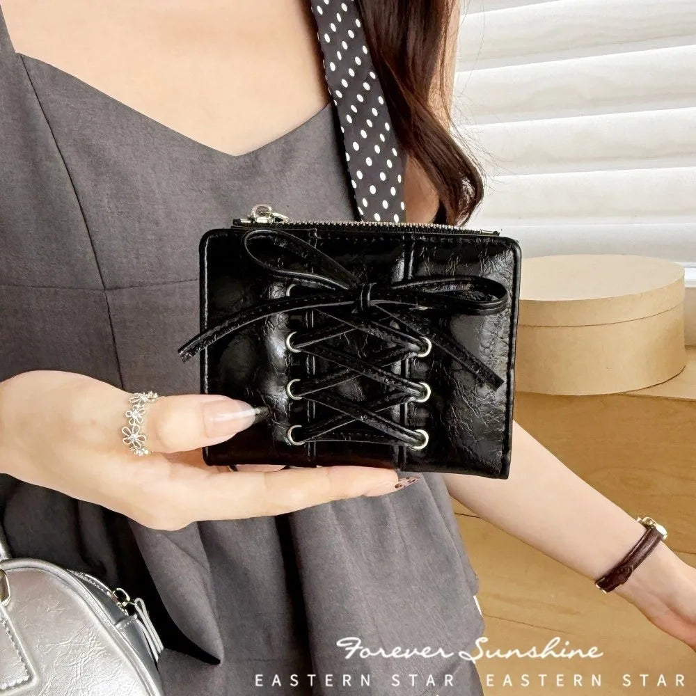 YK2 Strap Bow Women Wallets Short Wallets Card Holder Folding Zipper Coin Purse Girl PU Leather Coin Pouch Casual Clutch Bag.