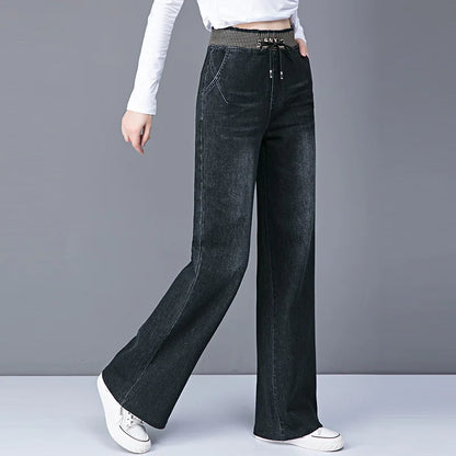 Women Elastic High Waist Straight Jeans Winter Warm Thicken Baggy Velvet Lined Wide Leg Denim Pants Korean Casual Vaqueros New.