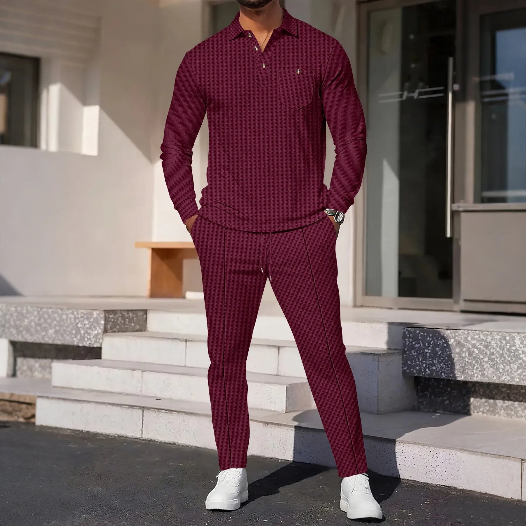 2025 Autumn New Style Waffle Pure Color Collar Pocket Long Sleeve Long Pants Casual Set.