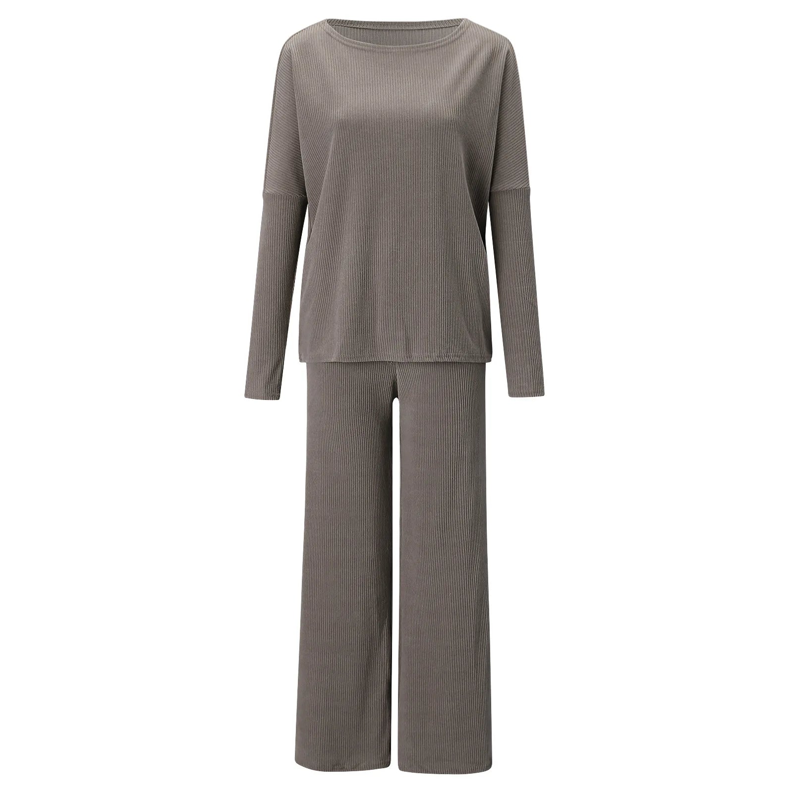 New Women's 2pcs Clothes Set Solid Color Round Neck Long Sleeve Casual Top & Loose Wide Leg Pants Home Wear.
