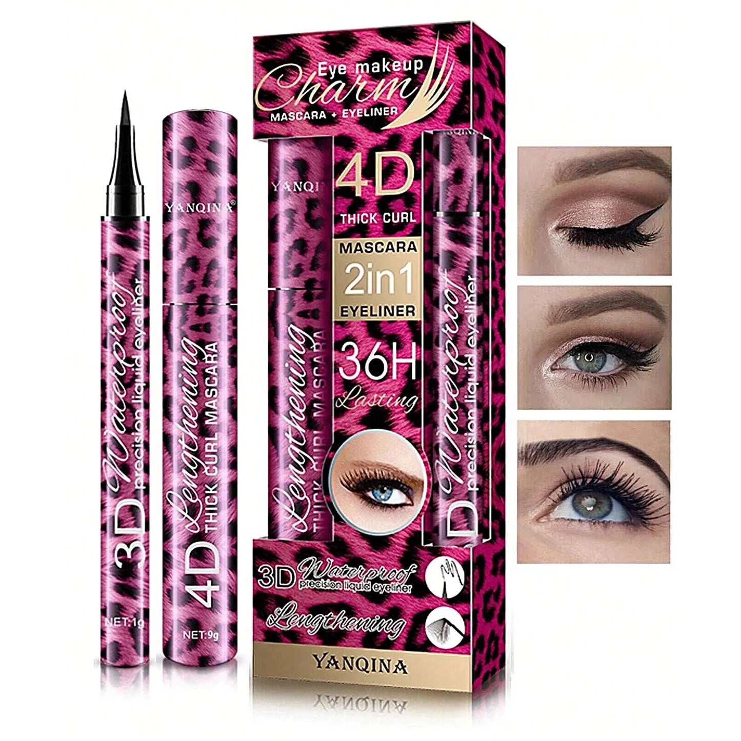 YANQINA Liquid Eyeliner Pencil 4D Waterproof Mascara Set Cosmetics Eye Liner Thick Curling Mascara Eyebrow Pencil Eyes Makeup.