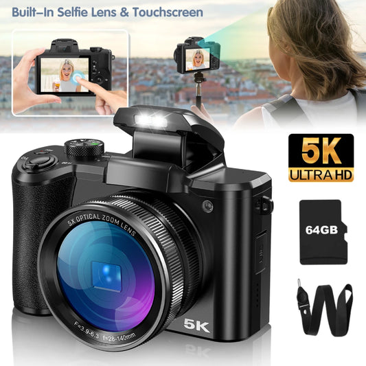 5K Digital Camera for Photography, 64MP Touch Screen Autofocus Vlogging Camera with Selfie Lens, 5X Optical Zoom, 64GB SD Card.