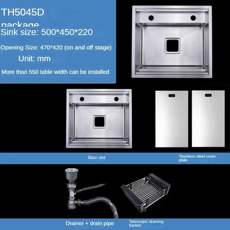 Hidden Stainless Steel Kitchen Sinks Modern Kitchen Accessories with Cover Kitchen Sink Dish Drainer Light Luxury Single Tank L