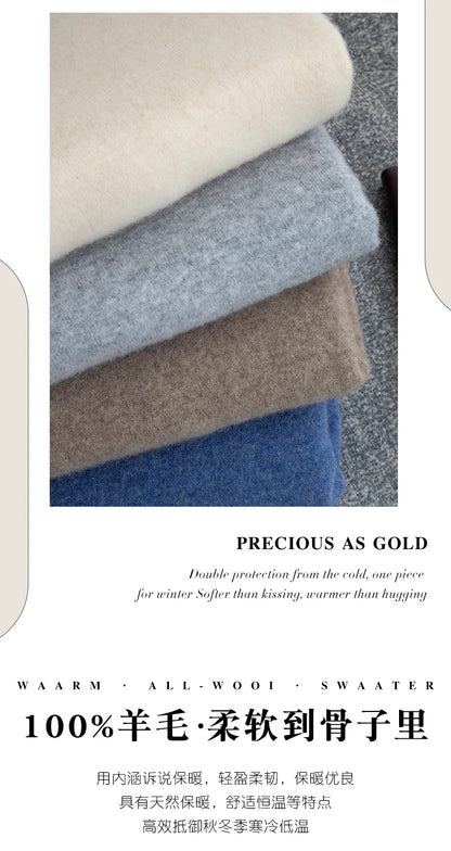 Men 100% Merino Wool Sweater Turtleneck Knitted Pullover Cashmere Warm Solid Color Clothes Business Bottoming Tops Autumn Winter.