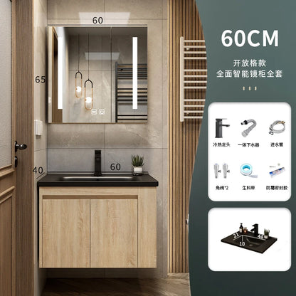 Leichter Luxus-Badezimmerschrank-Kombination, Badezimmer-Waschbecken, Gesichtswaschbecken, Toilettenholz, Waschbecken aus Keramik, integriertes Waschbecken im japanischen Stil