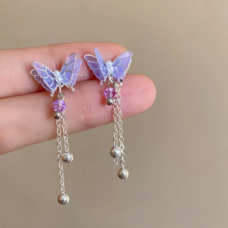 Pink Butterfly Earrings With Long Tassel Sparkly Zircon Crystal Imitation Pearl Beads Earrings Light Luxury Party Ear Jewelry.