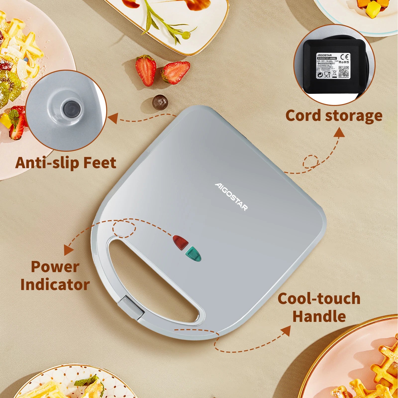 Aigostar Sandwich Maker 3 in 1: Electric Sandwich Maker, Grill and Waffle Maker, 3 Removable Non-Stick and Interchangeable Plates.