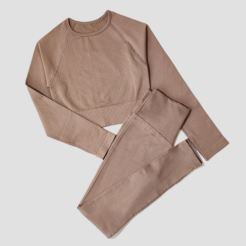 Women's Sportswear Yoga Set Workout Clothes Athletic Wear Sports Gym Legging Seamless Fitness Bra Crop Top Long Sleeve Yoga Suit