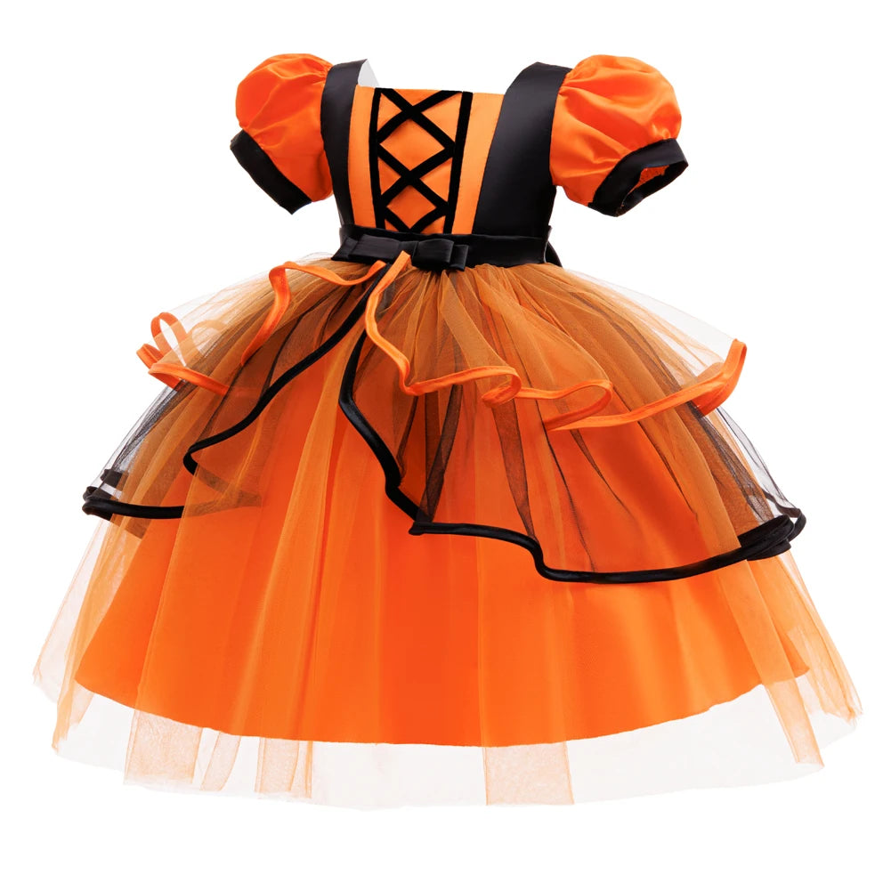 Orangefarbenes Halloween-Kinderkleid für 2–10 Jahre, Polyestermaterial, Puffärmel und mehrlagiger Tüllrock, süße Prinzessinnenkleidung.