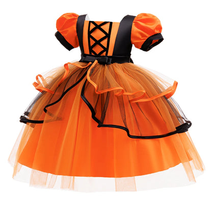 Orangefarbenes Halloween-Kinderkleid für 2–10 Jahre, Polyestermaterial, Puffärmel und mehrlagiger Tüllrock, süße Prinzessinnenkleidung.