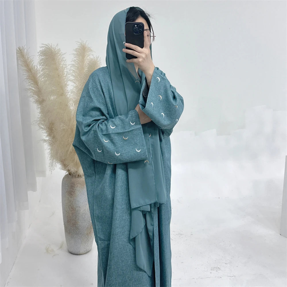 Moon Embroidery Open Abaya 2024 New Luxury Kimono Coat Hijab Muslim Sets for Women Islam Retro Modest Clothing for Party Kebaya.