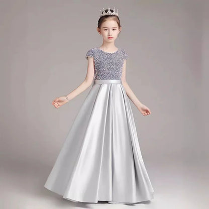 Mädchen-Klavierkleid, graues Pailletten-langes Performance-Kleid, Prinzessinnenkleid, Kinder-Host-Show-Performance-Kleid, Sommer.