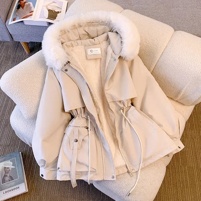 Neue frauen Baumwolle Gefütterte Plüsch Warme Mantel 2024 Herbst Winter Parkas Mantel frauen Lange Sleeve Zipper Mit Kapuze Kordelzug parkas.
