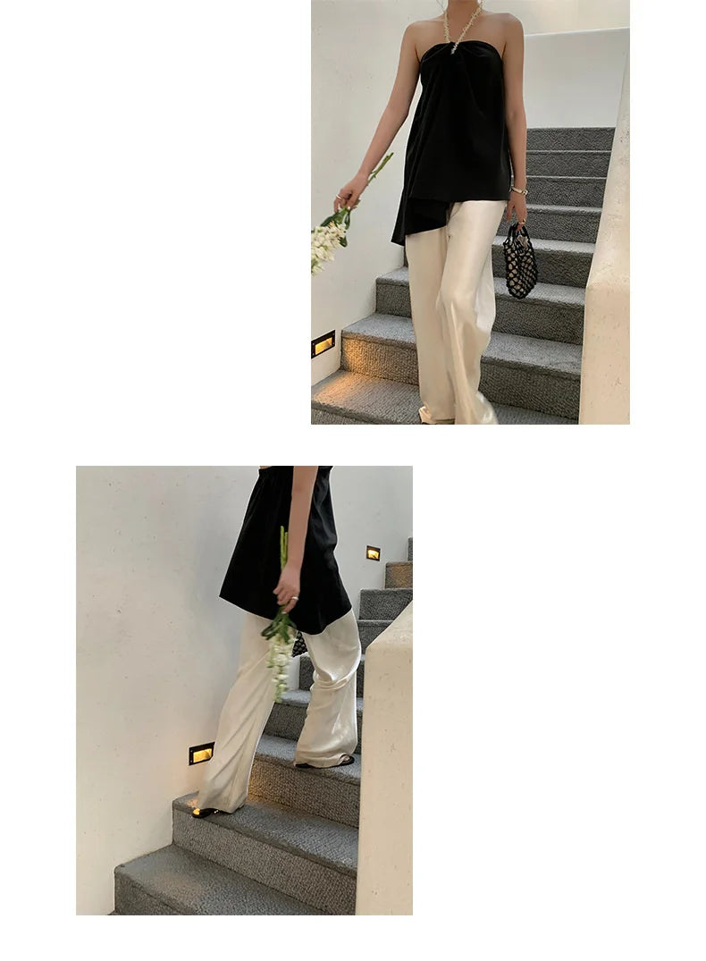 Satin Wide Leg Pants Long Floor Casual Pants Women's Summer