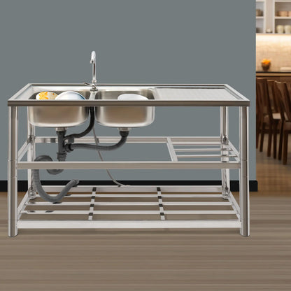 Freistehende Edelstahl Doppels ch üssel gewerbliche Küchen spüle Set mit Wasserhahn Abtropffläche mit/Werkbank & Doppel regale