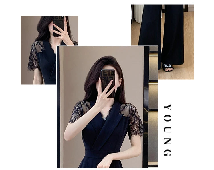 V-neck Solid Office Jumpsuit Women Elegant High Waist Wide Leg Pants Overall 2025 Fashion Slim Hollow Solid Color Romper.