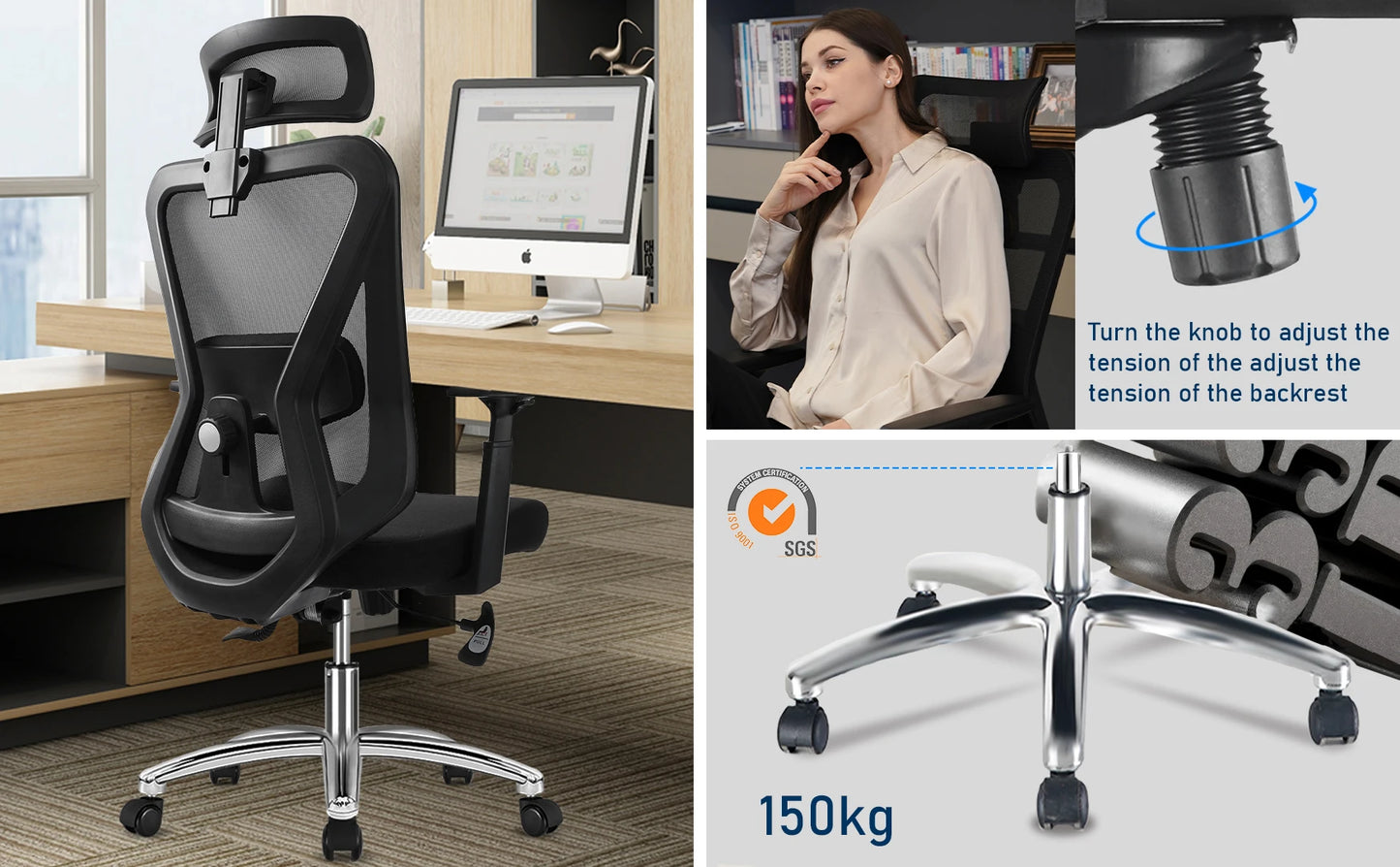 Durrafy Ergonomischer Bürostuhl, Schreibtischstuhl mit Kopfstütze, Armlehnen, Drehstühle mit 90er ° -130 °   Liegefunktion (abschließbar)