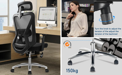 Durrafy Ergonomischer Bürostuhl, Schreibtischstuhl mit Kopfstütze, Armlehnen, Drehstühle mit 90er ° -130 °   Liegefunktion (abschließbar)