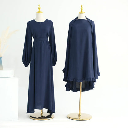 Muslim Woman Abaya with Khimar 2 Piece Set Crinkled Fabric Ruffles Hijab with Irregular Prayer Dress Islam Dubai Turkey Ramadan