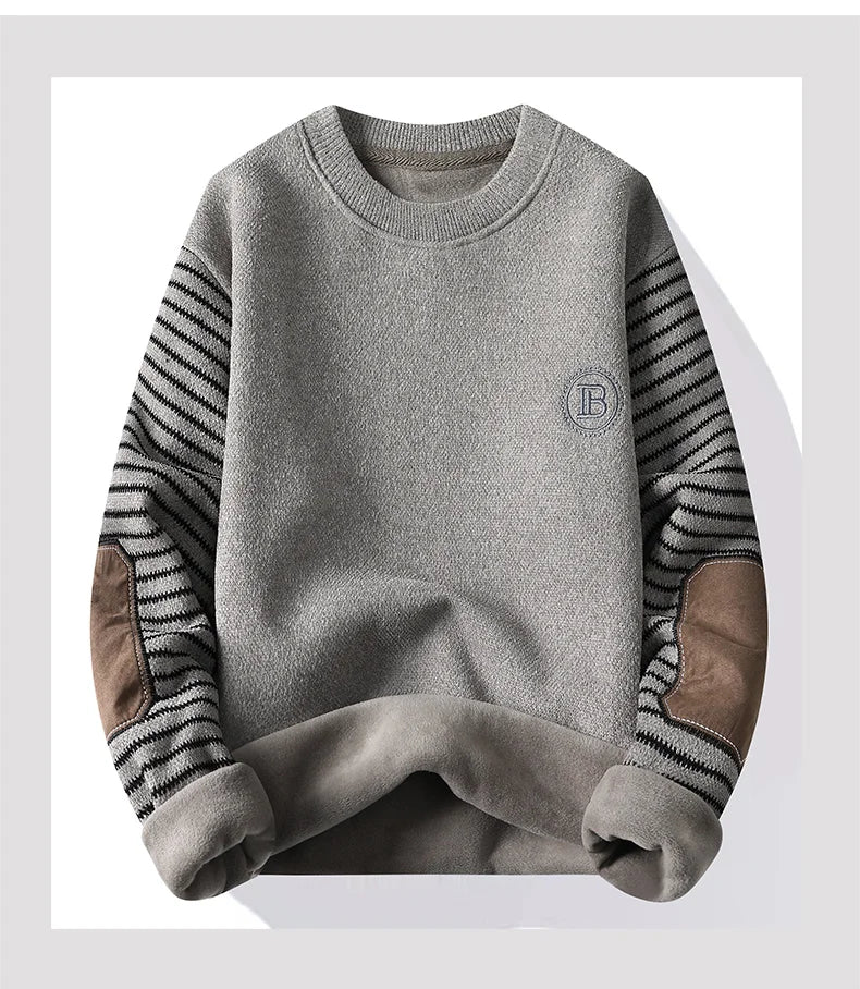 Men's Sweater Patckwork Round Neck Pullovers Fleece Lined Thick Warm Winter Knitwear Fashion Jumpers Men's Clothes.