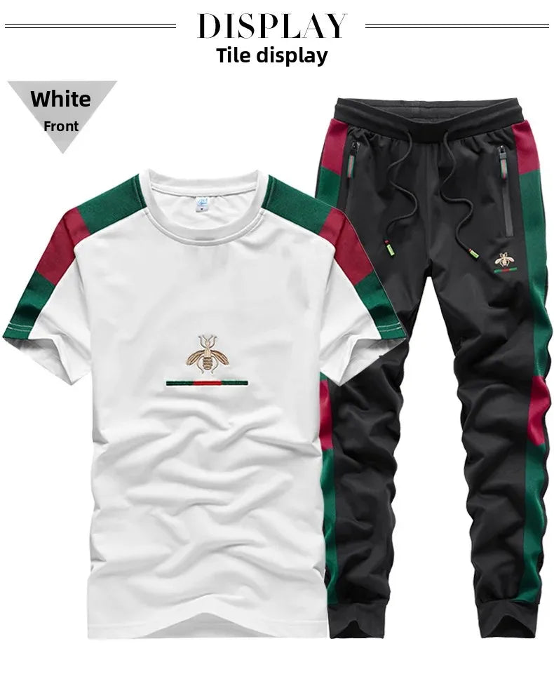 Casual Embroidered Short Sleeve Long Pants Set round Neck Two Piece Set Men's Fashionable Korean Style Spring Autumn Wear.