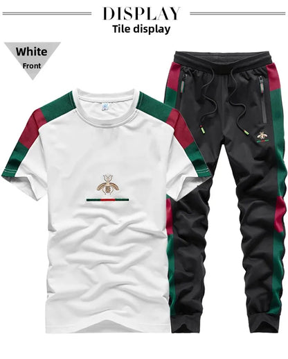 Casual Embroidered Short Sleeve Long Pants Set round Neck Two Piece Set Men's Fashionable Korean Style Spring Autumn Wear.
