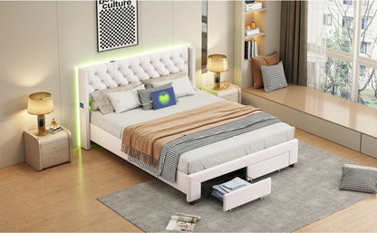 Lazyspace Samtpolsterbett, Doppelbett mit LED-Beleuchtung und USB, hydraulischer Bettrahmen mit Stauraum und 2 Schubladen