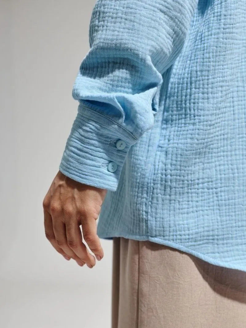Muslin 100% Cotton Gauze Crepe For Women Shirts Blouse Turn Down Long Sleeve Single-Breasted Office Lady Loose Top Blusas Mujer