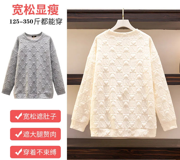 150Kg Plus Größe frauen Fehlschlag 157 Frühling Herbst Neue Liebe Drucken Lose Schlanke Sweatshirt Schwarz Grau Haut 6XL 7XL 8XL 9XL 10XL.