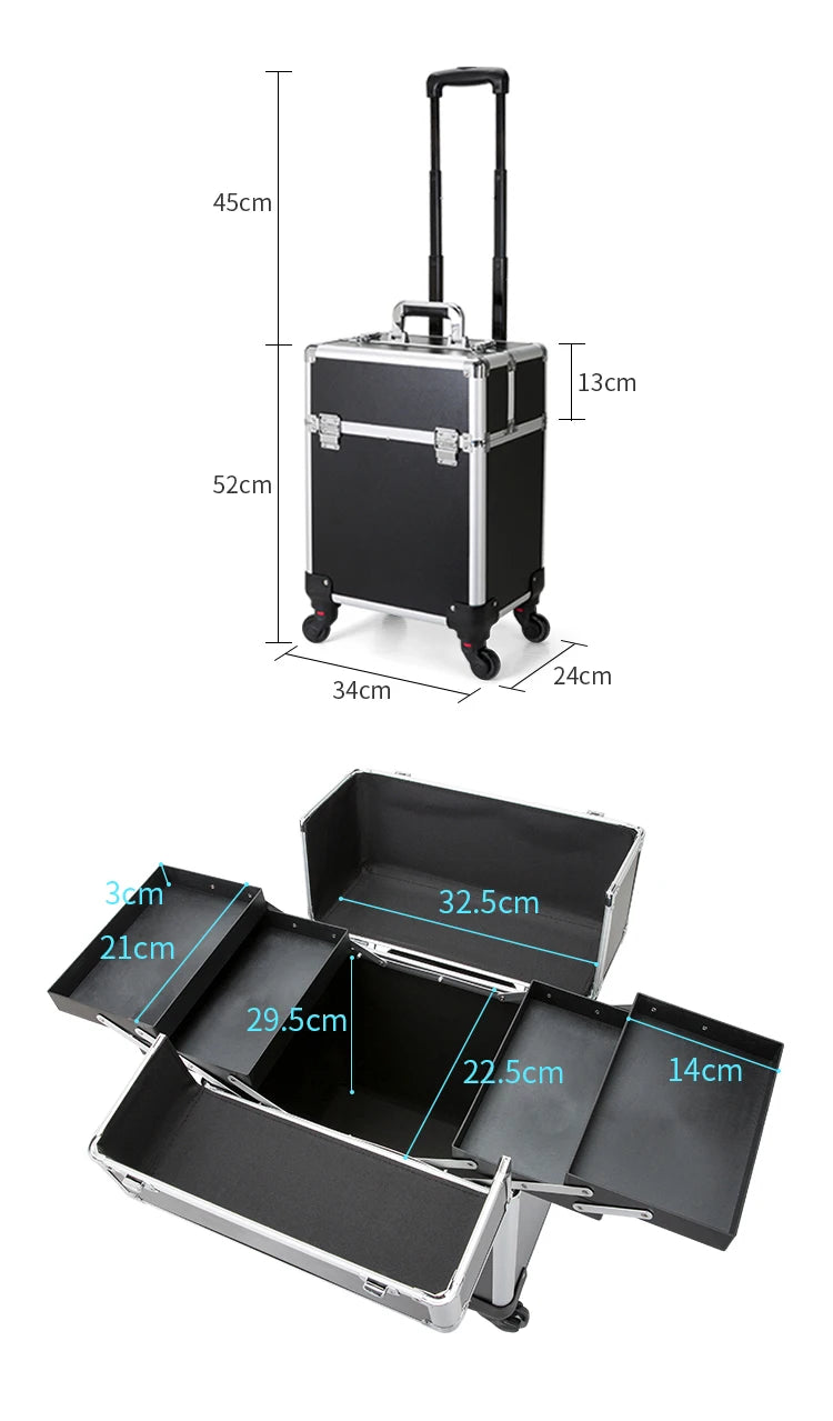 TravelRolling Makeup Train Case Large Capacity Cosmetic Trolley, Aluminum Professional Travel Case with Key