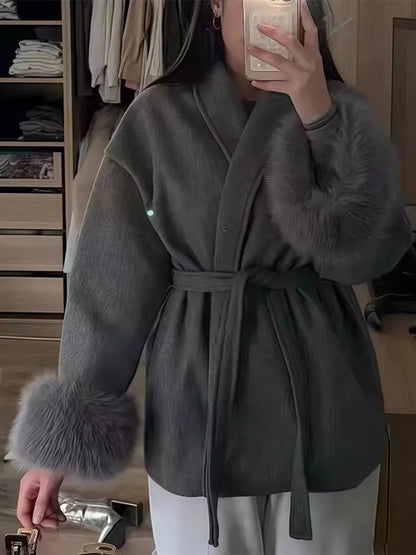 Frauen Mäntel Elegante Revers Plüsch Mit Gürtel Faux Pelz Hülse Tweed Offenen Mantel Weibliche 2025, Herbst Winter Mode Dame streetwear.