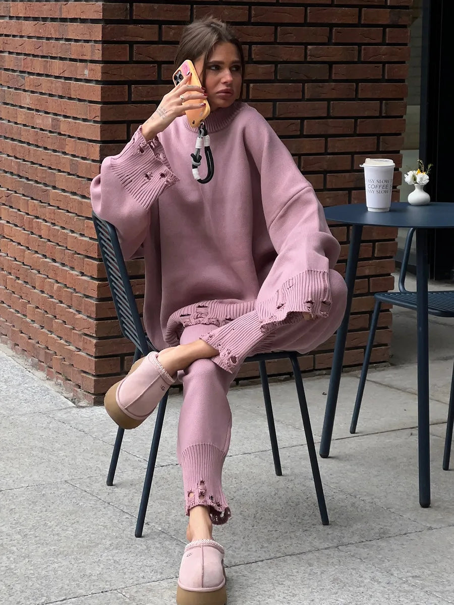 Bornladies Autumn Winter Women's New Turtleneck Knit Sweater Skinny Knit Pants Set Soft Oversized Ripped Hem Fashion Pullover.