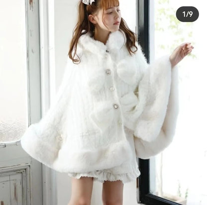 Japanische Liz Süße Prinzessin Faux Kaninchen Fell Cape Mantel Frauen Herbst Winter Pelz Jacke Lose Uhr Strass Bogen Mit Kapuze Mantel