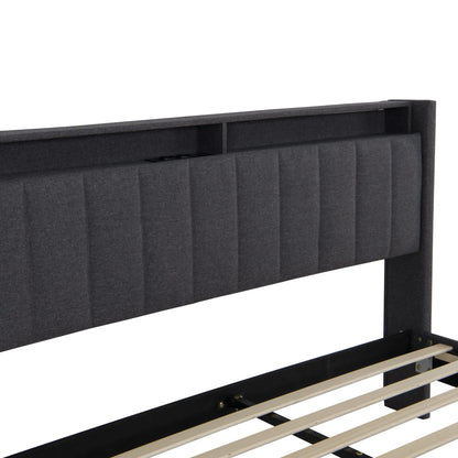 Lazyspace gepolstertes Doppelbett, Bettgestell 160/140 x 200 cm, Kopfteil mit Stauraum, USB-Aufladung und LED-Licht, keine Matratze