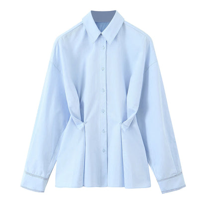 KONDALA Fall Women Elegant Blue Shirt Lapel Waist Buttons Shirt Office Lady Tops New 2025 Spring Autumn Fashion Commuter Shirt.