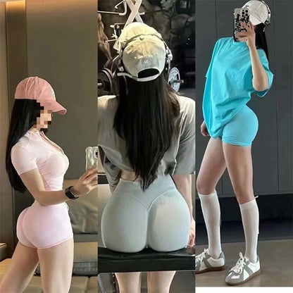 Seamless hip hugging fitness shorts, internet famous sports three part pants, high waisted and high stretch peach hip pants for.