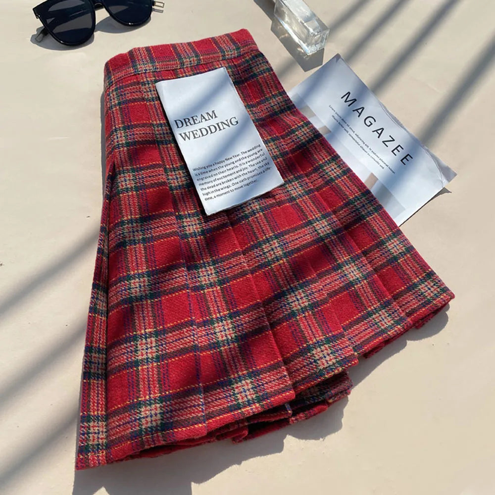 Plaid Woolen Blends Pleated Skirt For Women Fall Winter High Waist A-line Skirt Ladies Fashion Khaki Mini Skirts Vintage Female.