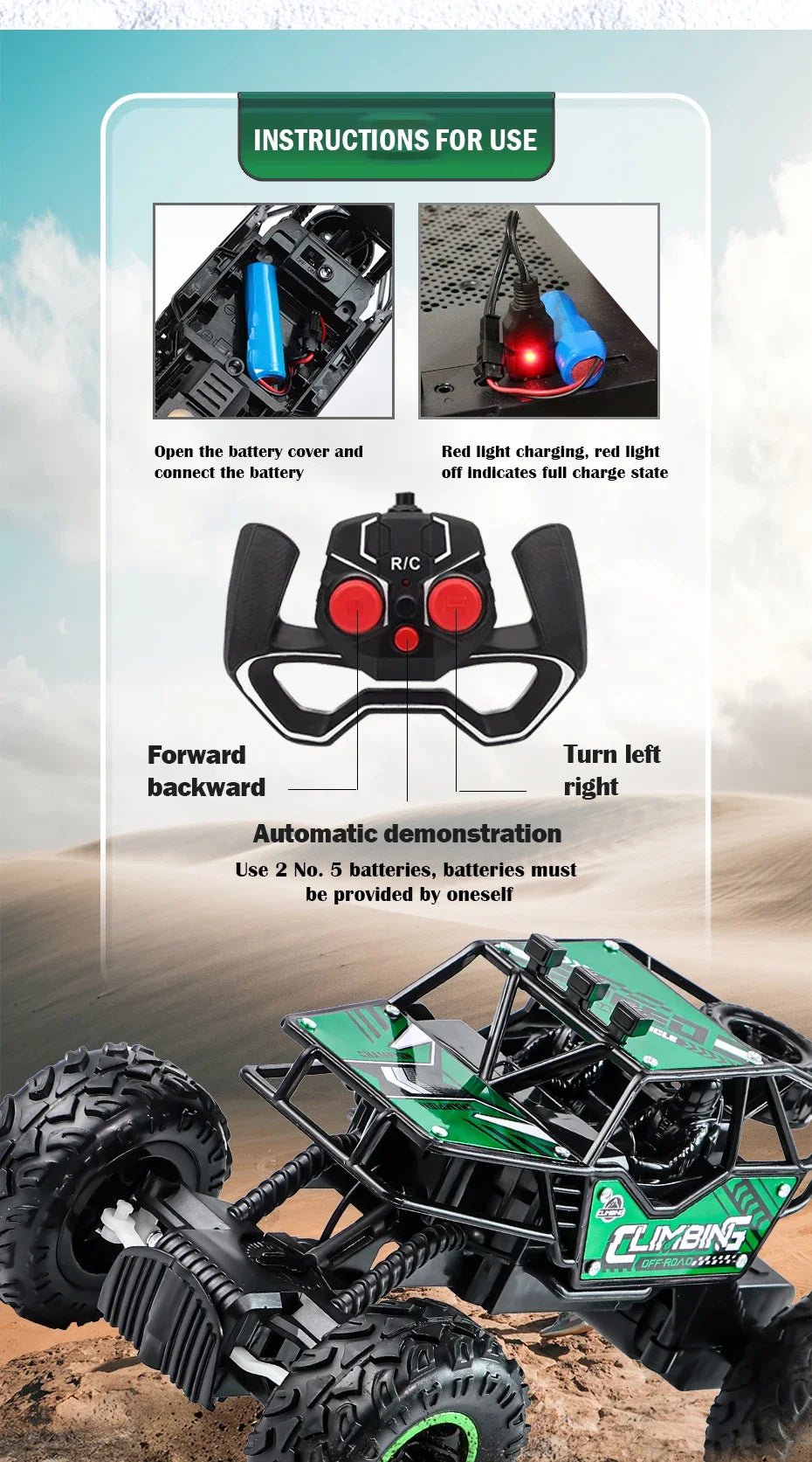Remote Control Truck Car All Terrain Off Road Alloy RC Cars Buggy Drift Racing Toy Rechargeable Sturdy Gift for Kids Boys.