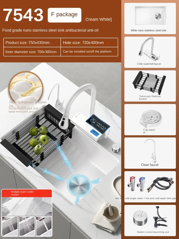White Stainless Steel Kitchen Sink with Digital Display Multifunction Waterfall Faucet large Wash Basin for Kitchen Accessories
