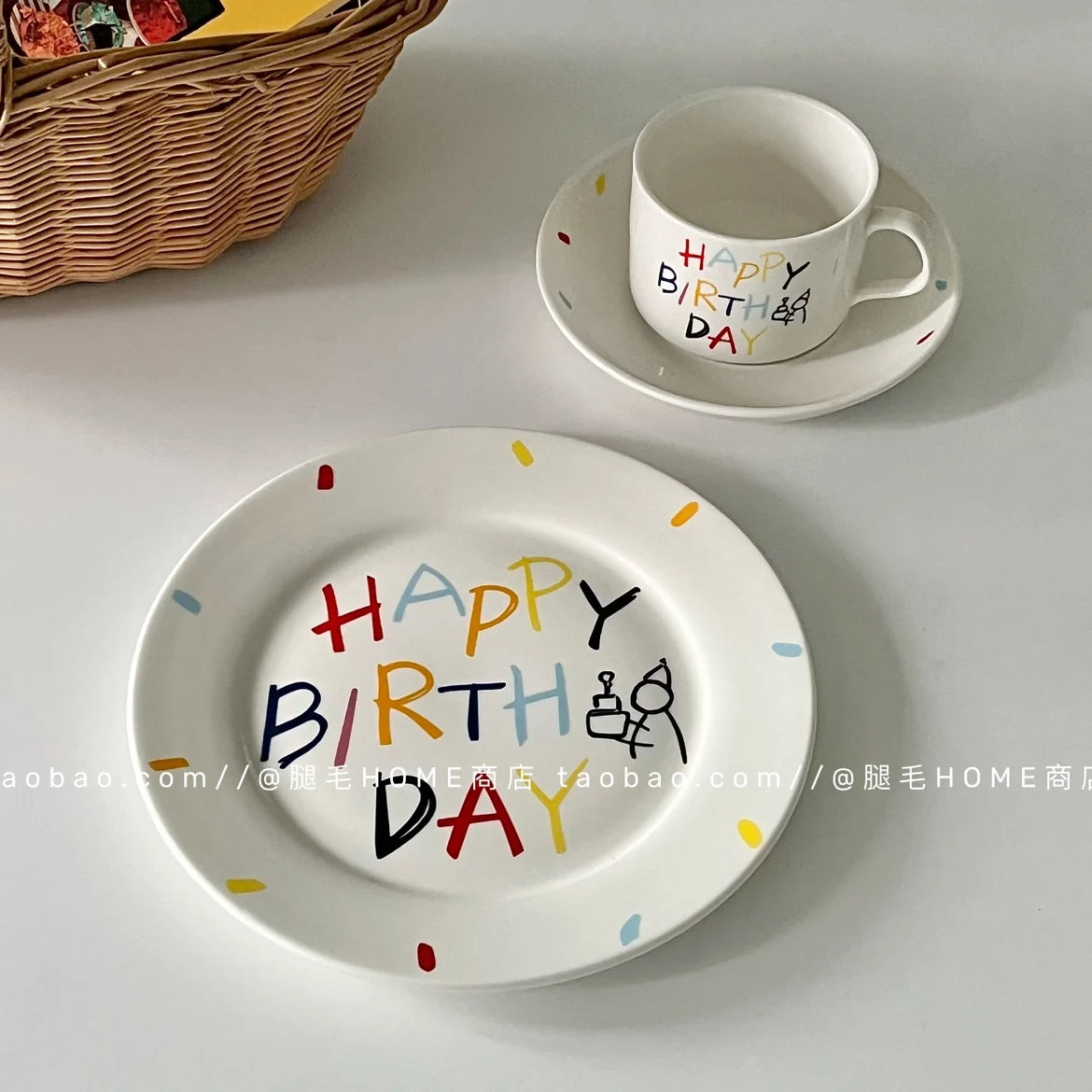 Korean Plate Designer Cute Happy Birthday Tableware Ceramic Coffee Cup Plate Dessert Cake Plate Cup Creative Birthday Gift.