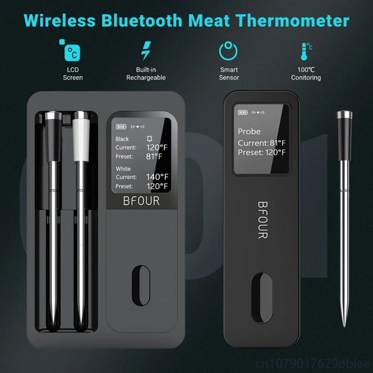 Wireless Bluetooth Meat Thermometer IP67 Waterproof Probes with LCD Screen Booster Rechargeable for Grilling Smoker BBQ Oven.