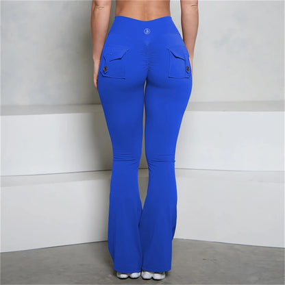 Allure The Brand Pocket Flare Scrunch Butt Pants ATB Women Tight-Fit Sexy Slim High Waist Pants Push Up Fitness Flare Leggings