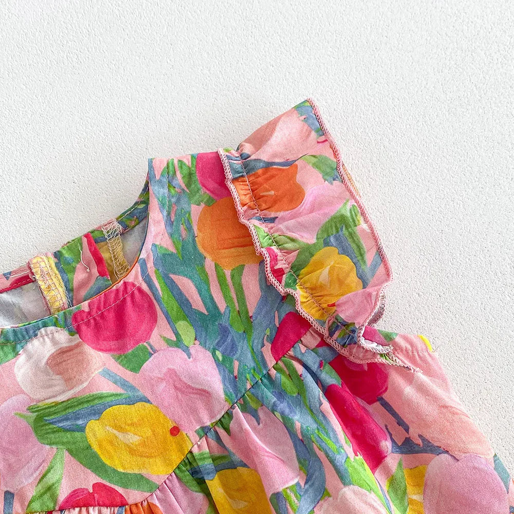 MILANCEL 2025, Sommerkleidung für Babys, Mädchen, Rüschenärmel, Kleinkind-Mädchen-Bodys, Tulpenmuster, Einteiler für Kleinkinder.