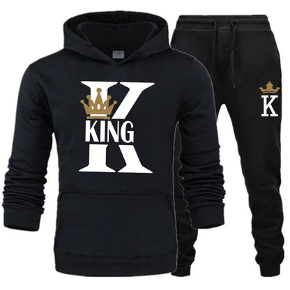 2024 New Autumn and Winter Men's and Women's Sweater Set KING QUEEN Loose Relaxed Hooded Print Couple Set.
