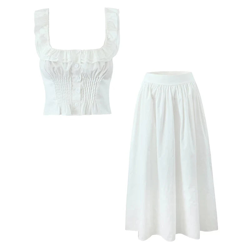 YENKYE 2025 Women Yellow White Cotton Big Swing Long Skirt Vintage High Waist Side Zipper A-line Summer Skirts Holiday.