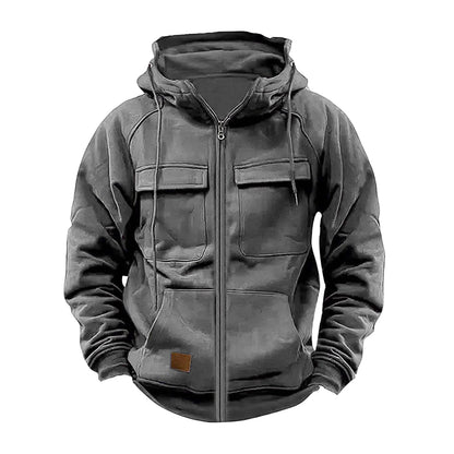 New Autumn Winter Men's Hooded Solid Hoodies Jackets Multi Pockets Male Zipper Sweatshirts Sports Outdoor Casual Hoodie Coat.