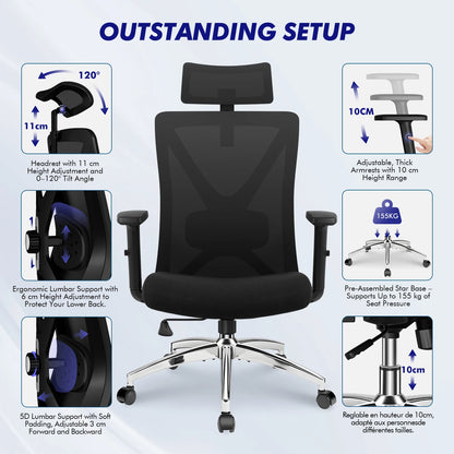 AUTHMIC Ergonomischer Bürostuhl, verstellbare Netzrückenlehne, Lordosenstütze, drehbarer Computer-Schreibtischstuhl für Zuhause, Büro, Arbeit, Gaming